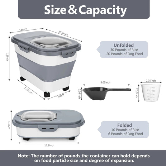 20 Lb Dog Food Storage Containers with Wheels and Lids, Collapsible Pet Cat Food Storage Bin, 30 Lb Airtight Rice Cereal Storage Bucket with Measuring Cup and Scoop (Gray)