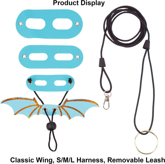 Bearded Dragon Harness, Blue, Wing Style, Animal Harness, 3 Size Pack, Soft Leather, Durable Nylon Rope, Removable Leash, Suitable for Baby to Adult Beardies