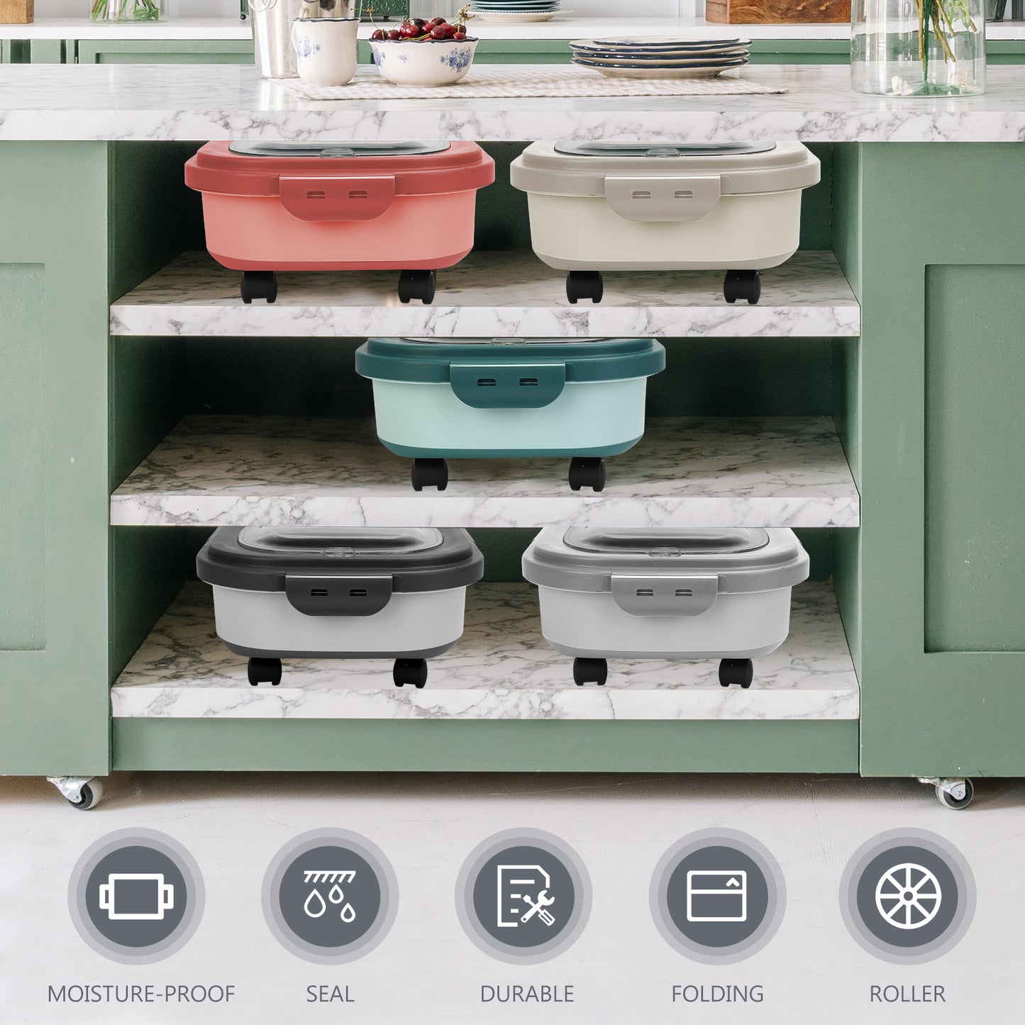 20 Lb Dog Food Storage Containers with Wheels and Lids, Collapsible Pet Cat Food Storage Bin, 30 Lb Airtight Rice Cereal Storage Bucket with Measuring Cup and Scoop (Gray)