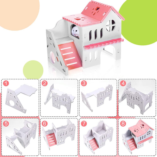 5 Pieces Hamster Toys Include Wooden Hamster House Guinea Pig Hideout Rainbow Bridge Hamster Seesaw Hamster Swing Hamster Exercise Circle Cage Toy for Small Animals (Pink,6.3 X 3.93 X 5.5 Inch)