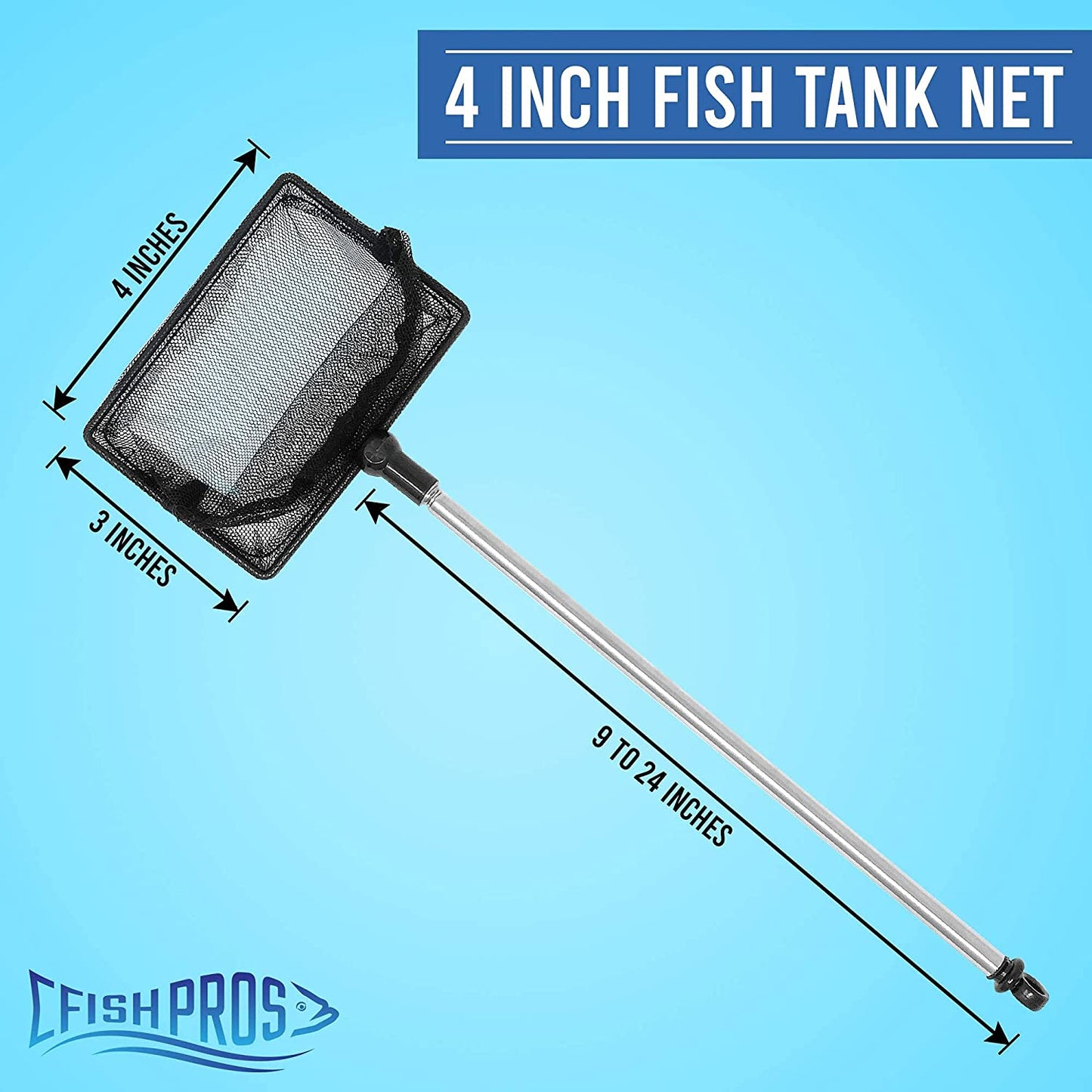 Fish Net for Fish Tank, 2.5 Inch Deep Mesh Scooper with Extendable Handle up to 24 Inches Long Large Scoop, Telescopic Pond Skimmer Nets for Cleaning Tanks as Aquarium Accessories