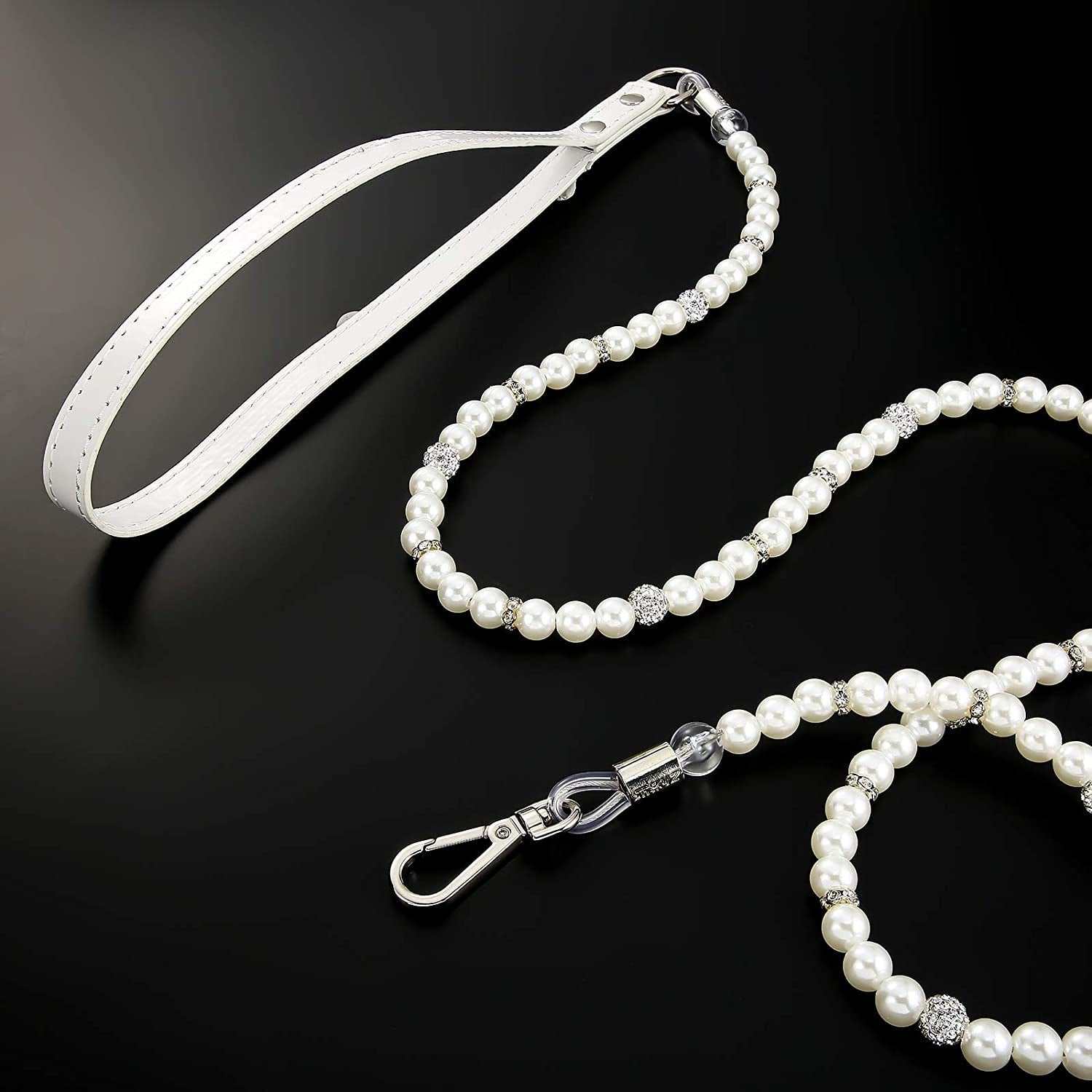 Dogs Set Including Dog Pearl Leash 2 Rows Pearls Pet Necklace PU Leather Pearl Leash