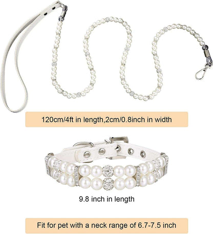 Dogs Set Including Dog Pearl Leash 2 Rows Pearls Pet Necklace PU Leather Pearl Leash