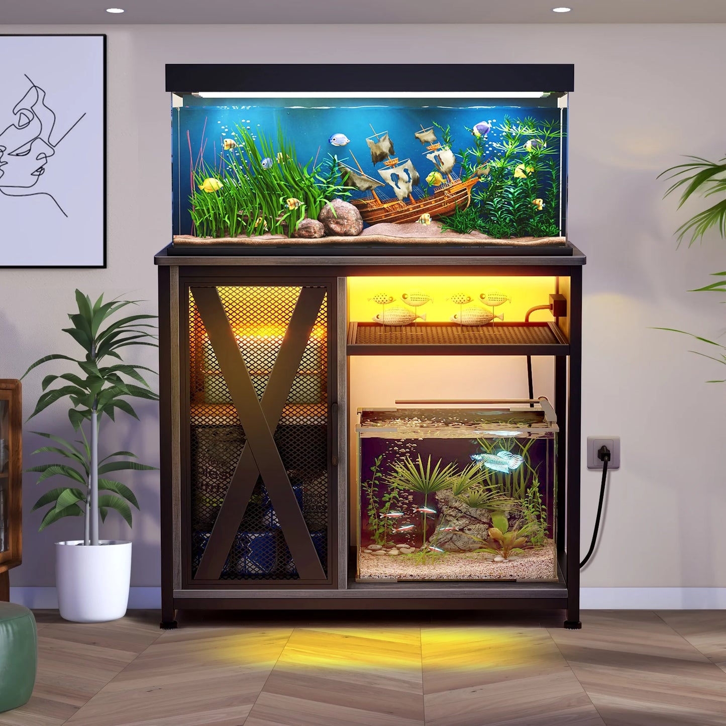 Fish Tank Stand Metal Aquarium Stand with Power Outlets & LED Light and Cabinet, for 40-50 Gallon Aquarium Bearable 880LBS Capacity, Gray & Black