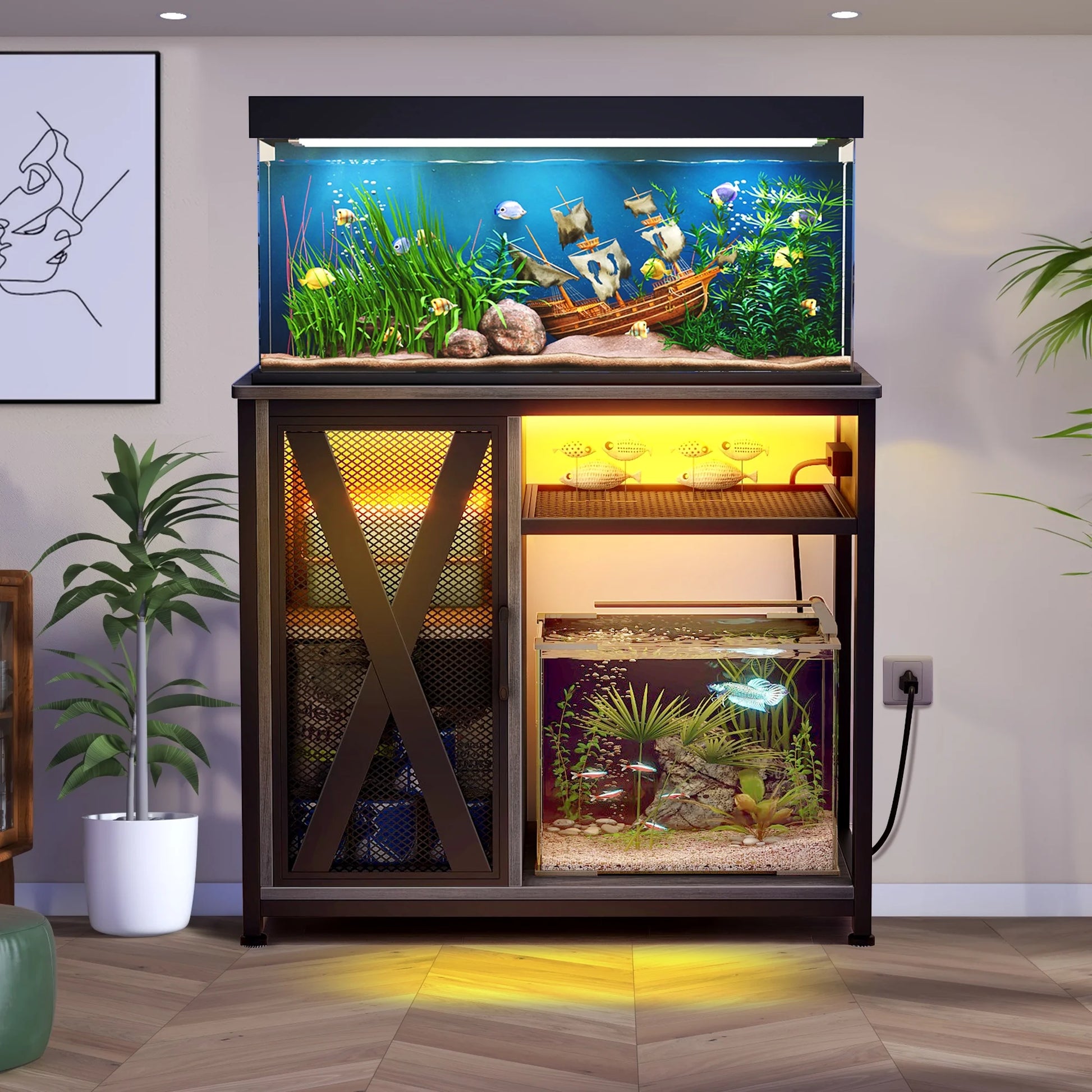 Fish Tank Stand Metal Aquarium Stand with Power Outlets & LED Light and Cabinet, for 40-50 Gallon Aquarium Bearable 880LBS Capacity, Gray & Black