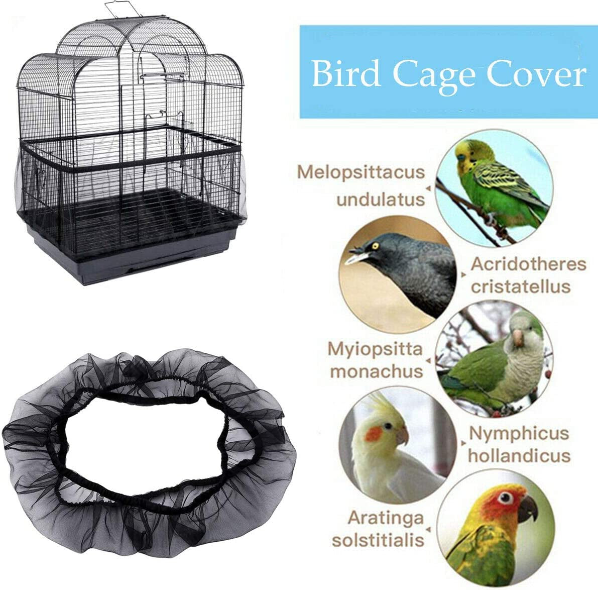 Universal Bird Cage Seed Catcher,Seed Catcher Guard Net Cover,Parrot Nylon Mesh Net Cover,Soft Airy Cage Net Stretchy Skirt for round Square Cage Father'Day Gift(Circumference 50 Inch to 90 Inch，Black