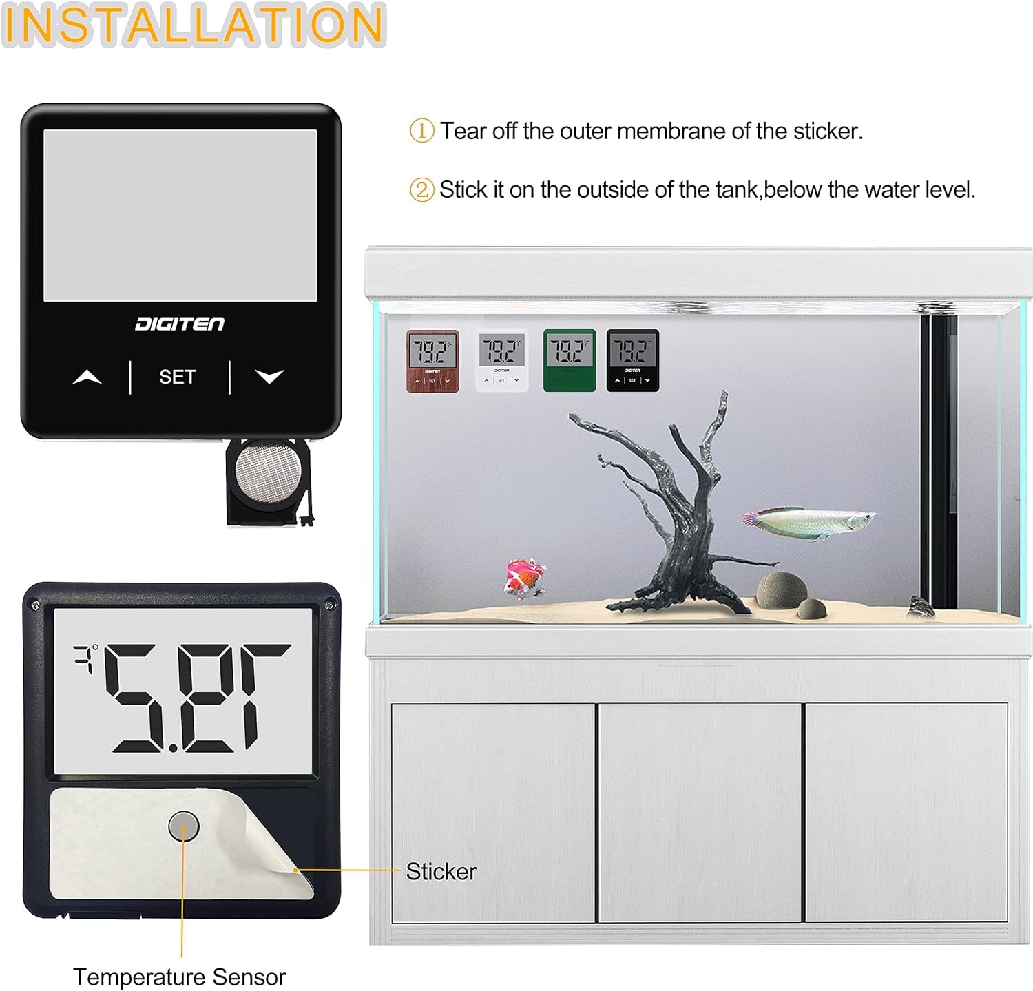 Digital Aquarium Thermometer, Fish Tank Thermometer with Large LCD Display, Stick-On Tank Temp Sensor Ensures Accurate Reading, High/Low-Temperature Alarm Aquarium Thermometer