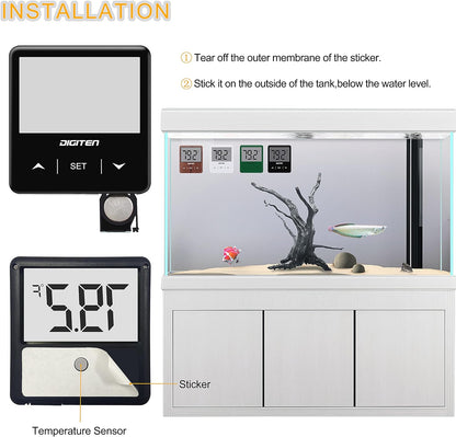 Digital Aquarium Thermometer, Fish Tank Thermometer with Large LCD Display, Stick-On Tank Temp Sensor Ensures Accurate Reading, High/Low-Temperature Alarm Aquarium Thermometer