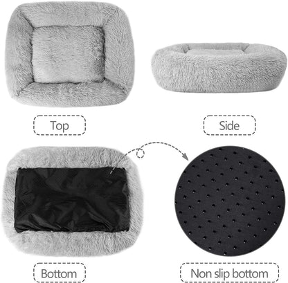 Cat Bed for Indoor Cats, Small Dog Beds for Small Dogs,Soft Long Plush Cushion Washable Puppy Bed,Self-Warming Square Cat Bed Anti-Slip Bottom Cushion (26 X 22 X 8 Inch, Gray)