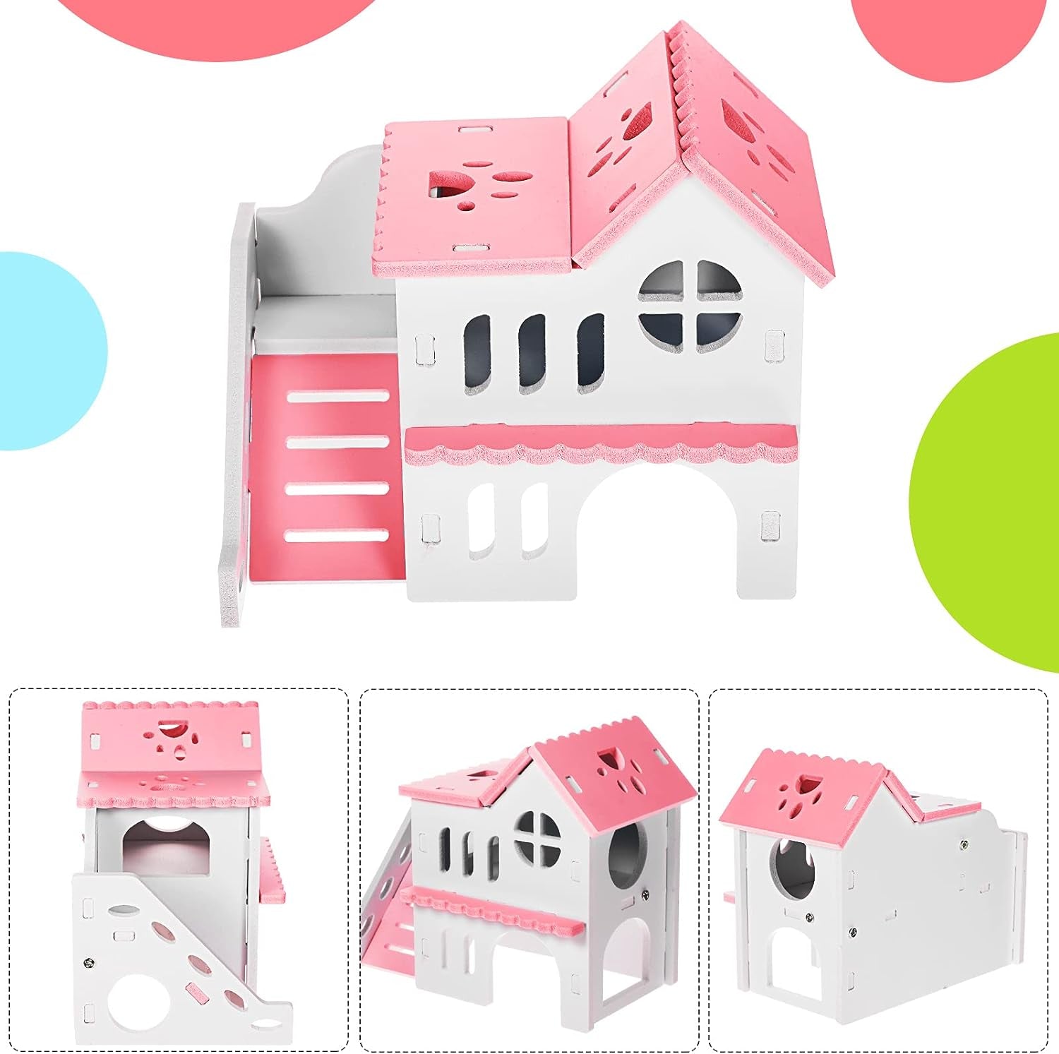 5 Pieces Hamster Toys Include Wooden Hamster House Guinea Pig Hideout Rainbow Bridge Hamster Seesaw Hamster Swing Hamster Exercise Circle Cage Toy for Small Animals (Pink,6.3 X 3.93 X 5.5 Inch)