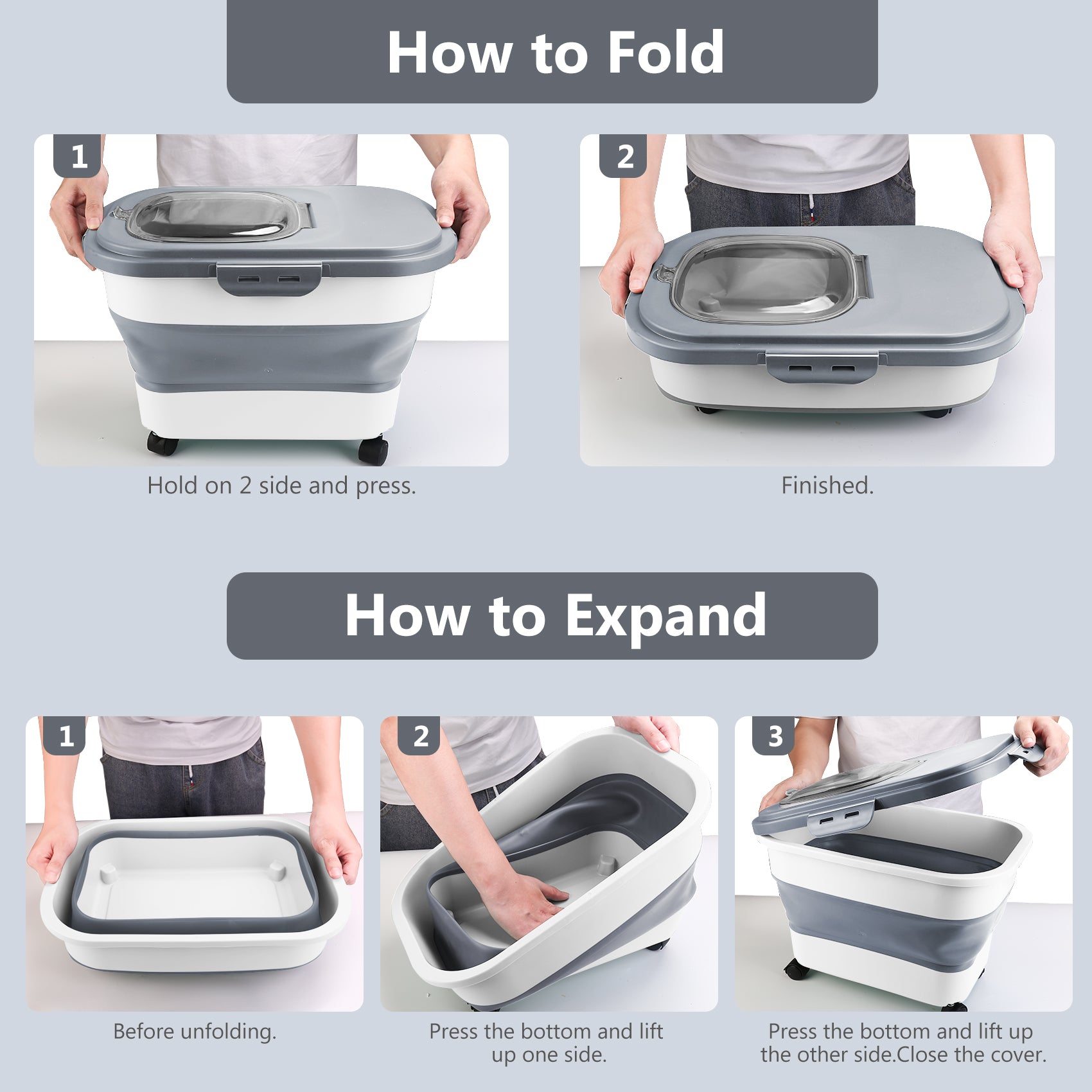 20 Lb Dog Food Storage Containers with Wheels and Lids, Collapsible Pet Cat Food Storage Bin, 30 Lb Airtight Rice Cereal Storage Bucket with Measuring Cup and Scoop (Gray)