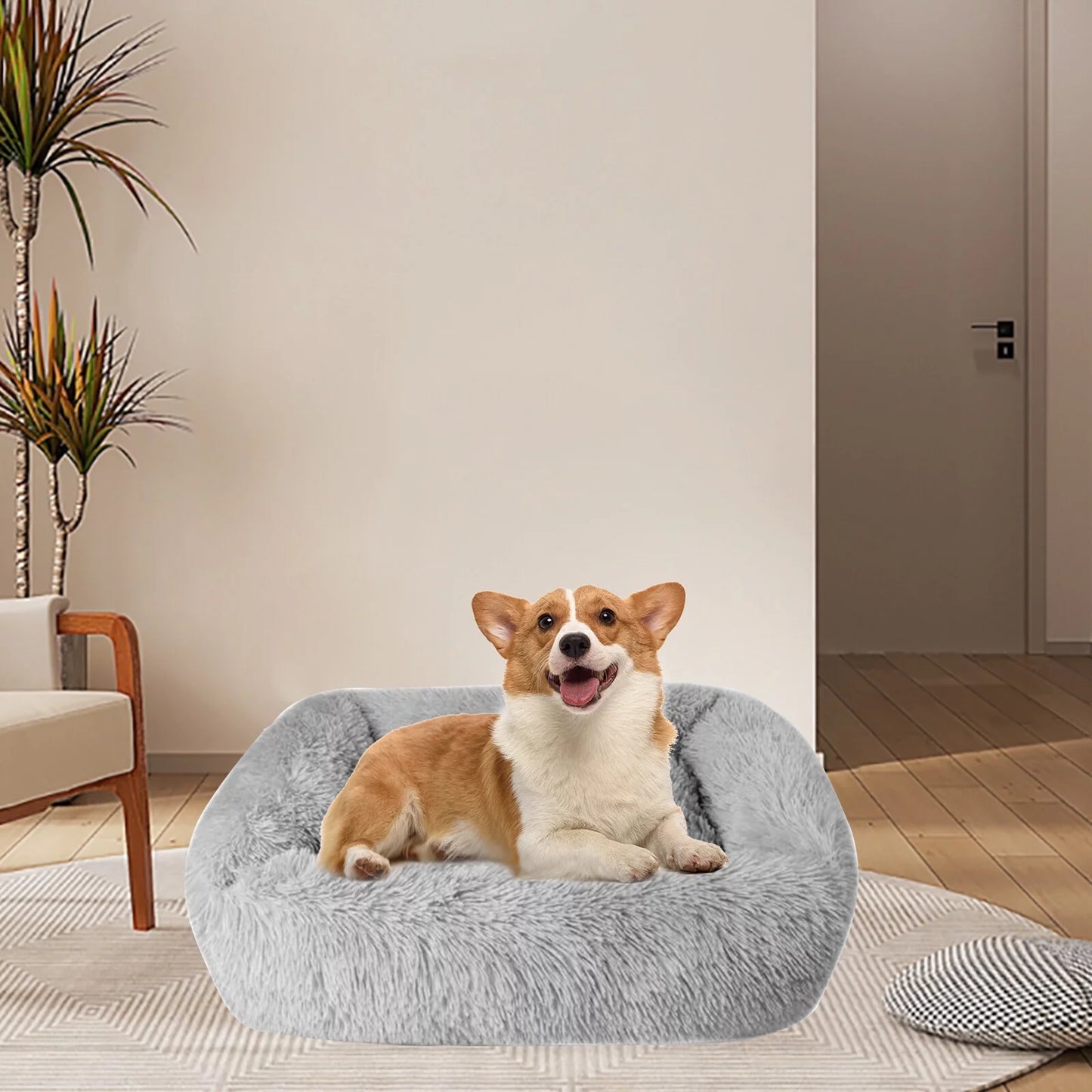 Pet Bed for Indoor Cats Dogs Bed,Soft Long Plush Cushion Washable Dog Bed,Self-Warming Square Cat Bed Anti-Slip Bottom Cushion,Gray