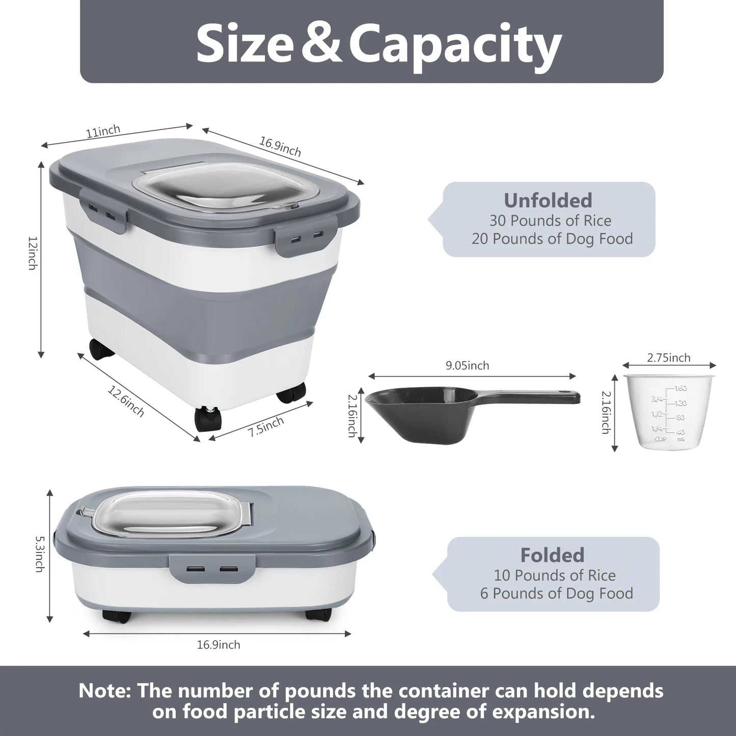 20 Lb Dog Food Storage Containers with Wheels and Lids, Collapsible Pet Cat Food Storage Bin, 30 Lb Airtight Rice Cereal Storage Bucket with Measuring Cup and Scoop (Gray)