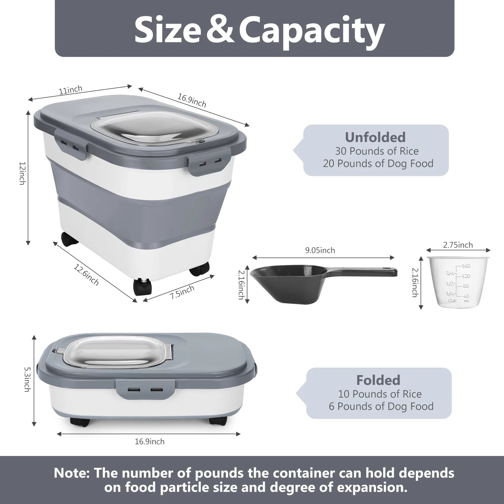 20 Lb Dog Food Storage Containers with Wheels and Lids, Collapsible Pet Cat Food Storage Bin, 30 Lb Airtight Rice Cereal Storage Bucket with Measuring Cup and Scoop (Gray)