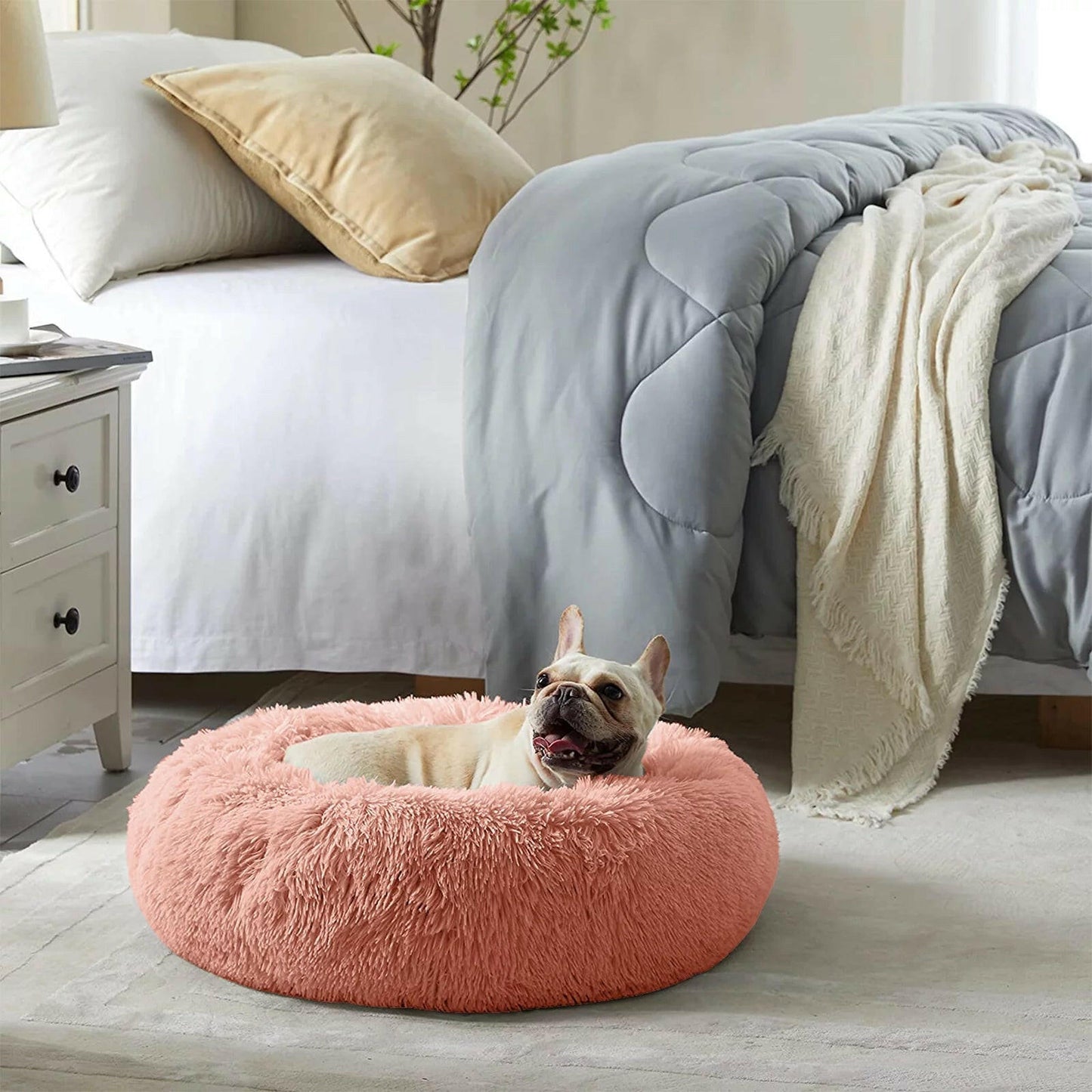 Calming Donut Dog Bed Anti-Anxiety, Self Warming, Cozy Soft Plush round Pet Bed, Ideal for Both Home & Travel, 20"L X 20"W X 8"H