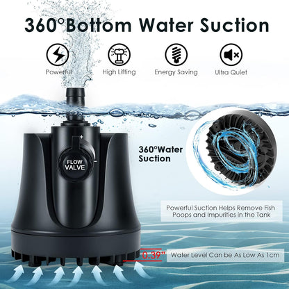265-800 GPH Submersible Aquarium Water Pump with Adjustable Switch, Water Removal and Drainage Sump Cleaning Pump with 2 Nozzles for Pond, Fish Tanks, Hydroponics, Backyard (60W 800GPH)