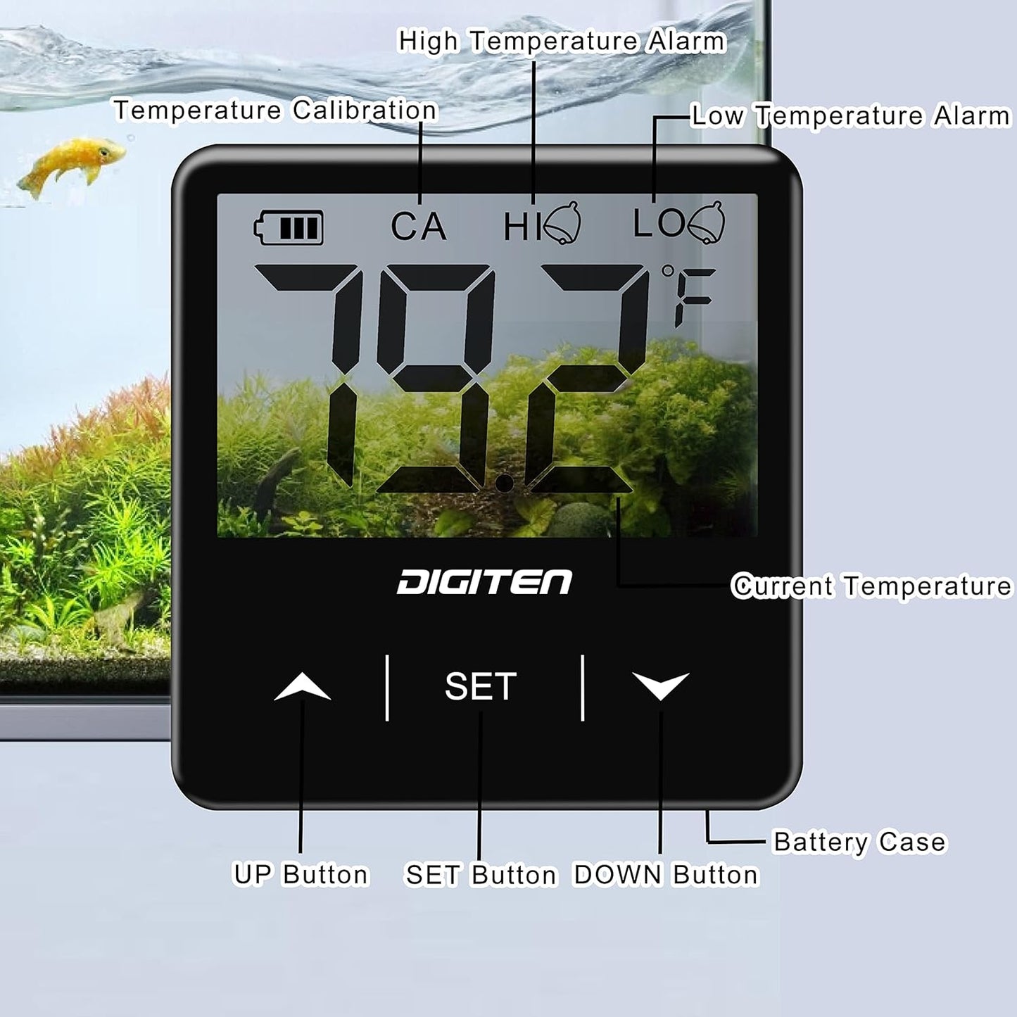 Digital Aquarium Thermometer, Fish Tank Thermometer with Large LCD Display, Stick-On Tank Temp Sensor Ensures Accurate Reading, High/Low-Temperature Alarm Aquarium Thermometer