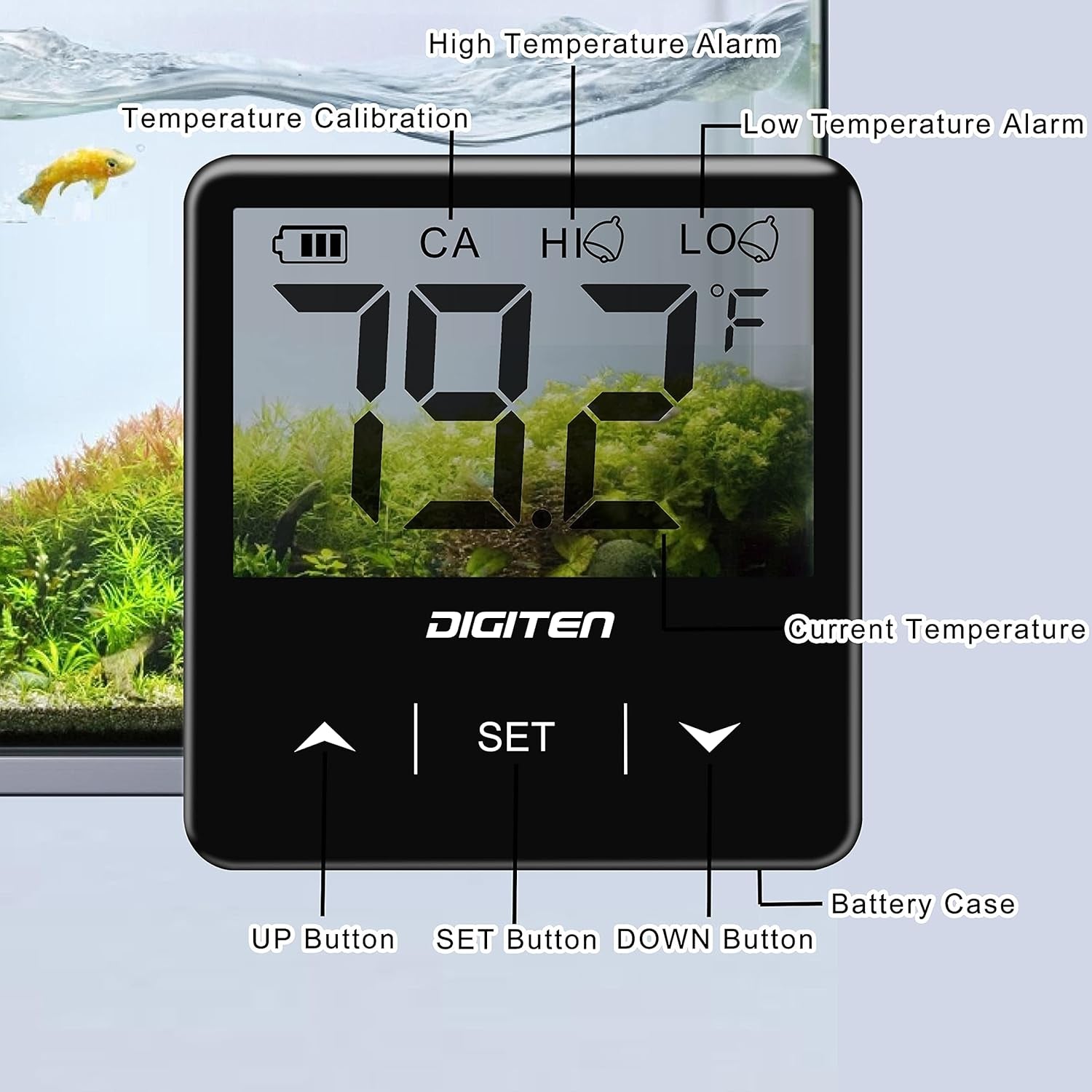 Digital Aquarium Thermometer, Fish Tank Thermometer with Large LCD Display, Stick-On Tank Temp Sensor Ensures Accurate Reading, High/Low-Temperature Alarm Aquarium Thermometer