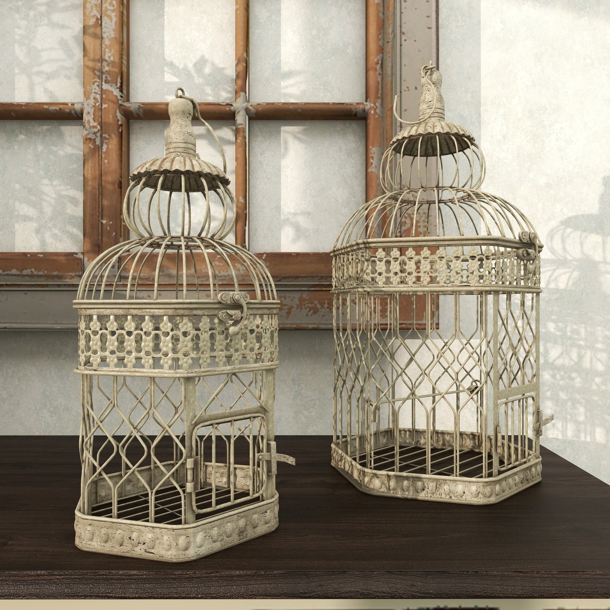 Cream Vintage Metal Birdcage with Crisscross Vertical Bars and Floral Embossed Design, Set of 2 21", 18"H