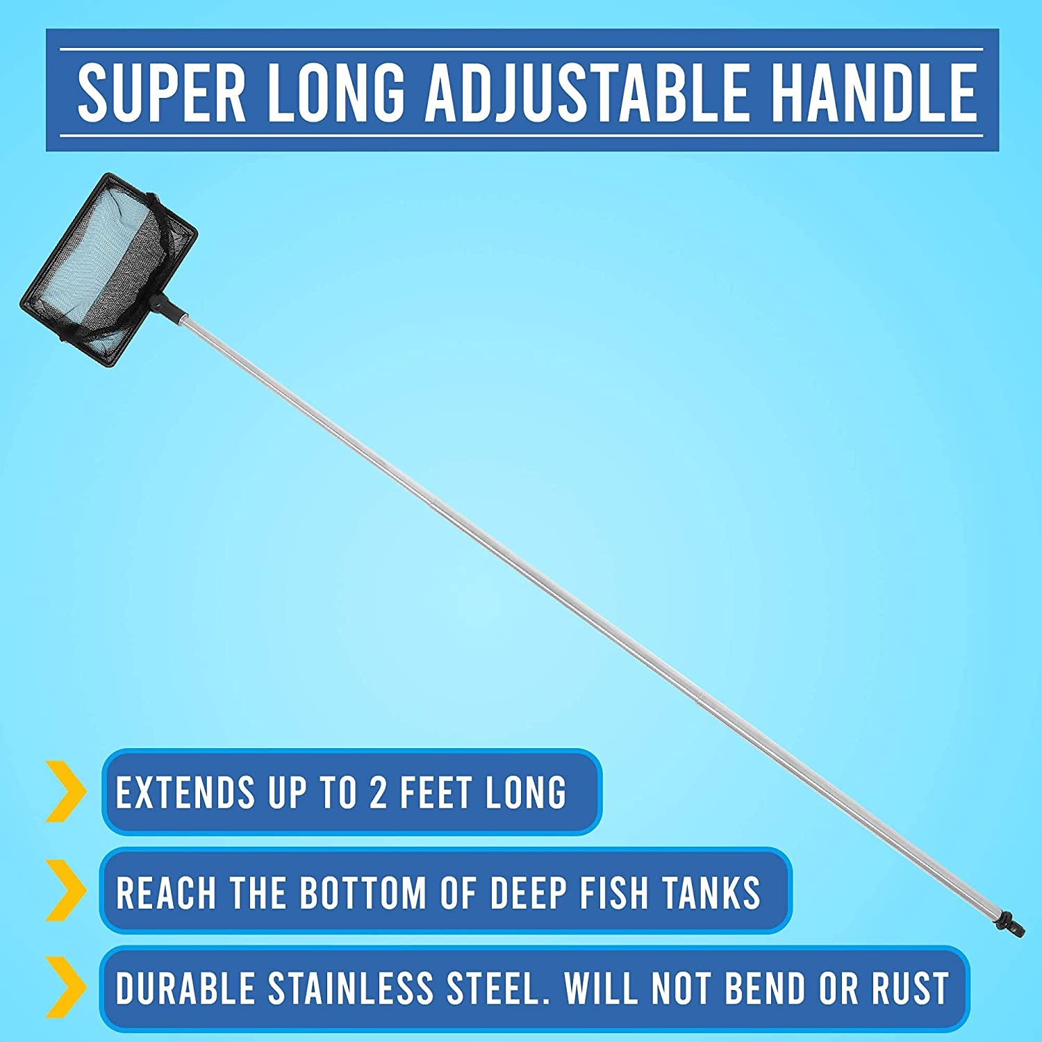 Fish Net for Fish Tank, 2.5 Inch Deep Mesh Scooper with Extendable Handle up to 24 Inches Long Large Scoop, Telescopic Pond Skimmer Nets for Cleaning Tanks as Aquarium Accessories