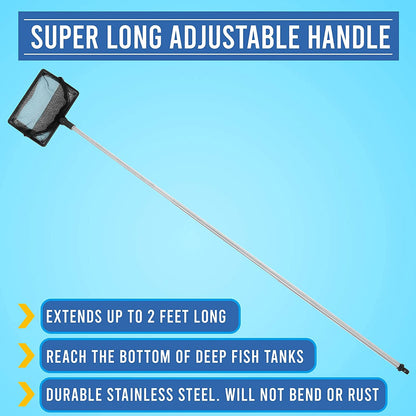 Fish Net for Fish Tank, 2.5 Inch Deep Mesh Scooper with Extendable Handle up to 24 Inches Long Large Scoop, Telescopic Pond Skimmer Nets for Cleaning Tanks as Aquarium Accessories