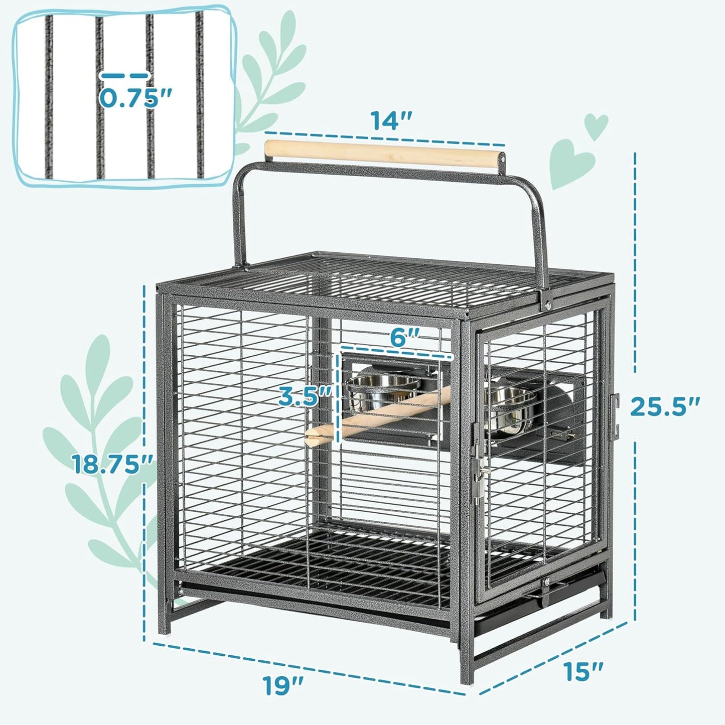 18" Heavy Duty Wrought Iron Travel Bird Cage Carrier