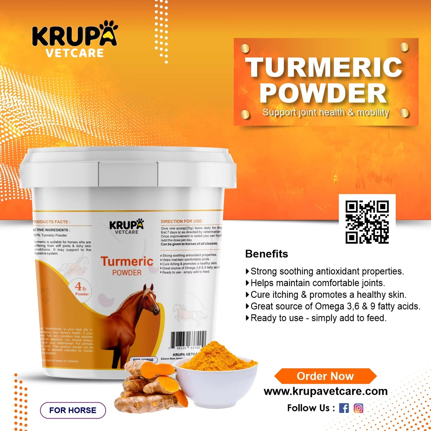 Turmeric ( Curcumin) Powder for Horse, Antioxidant & Joint Support 4 Lb