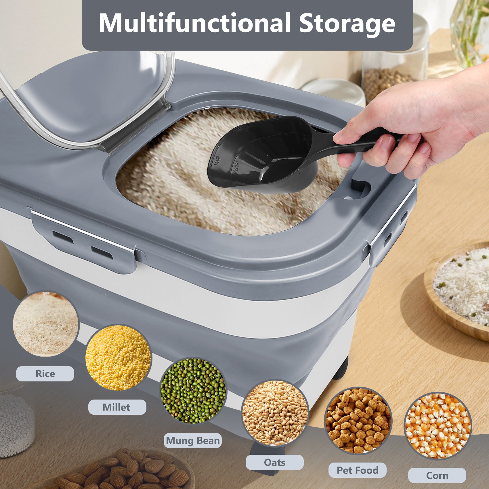 20 Lb Dog Food Storage Containers with Wheels and Lids, Collapsible Pet Cat Food Storage Bin, 30 Lb Airtight Rice Cereal Storage Bucket with Measuring Cup and Scoop (Gray)