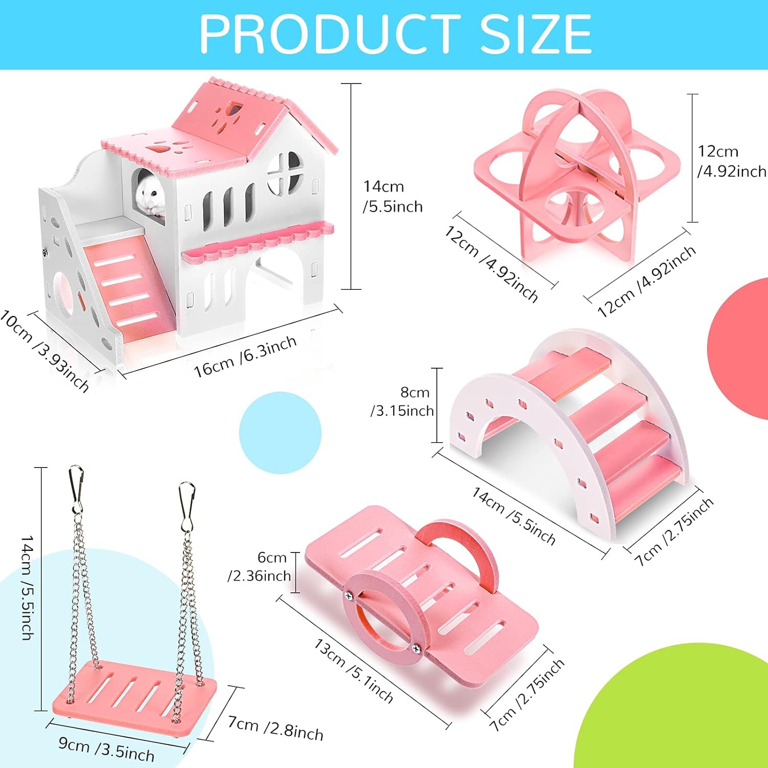 5 Pieces Hamster Toys Include Wooden Hamster House Guinea Pig Hideout Rainbow Bridge Hamster Seesaw Hamster Swing Hamster Exercise Circle Cage Toy for Small Animals (Pink,6.3 X 3.93 X 5.5 Inch)