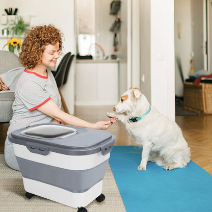 20 Lb Dog Food Storage Containers with Wheels and Lids, Collapsible Pet Cat Food Storage Bin, 30 Lb Airtight Rice Cereal Storage Bucket with Measuring Cup and Scoop (Gray)