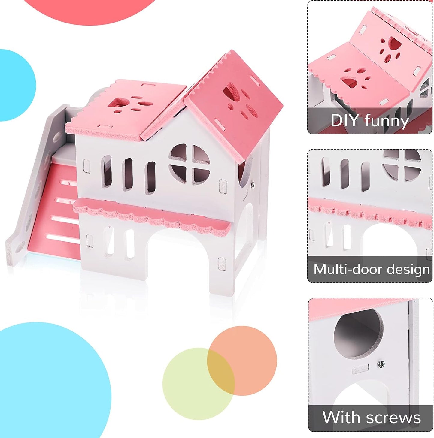 5 Pieces Hamster Toys Include Wooden Hamster House Guinea Pig Hideout Rainbow Bridge Hamster Seesaw Hamster Swing Hamster Exercise Circle Cage Toy for Small Animals (Pink,6.3 X 3.93 X 5.5 Inch)