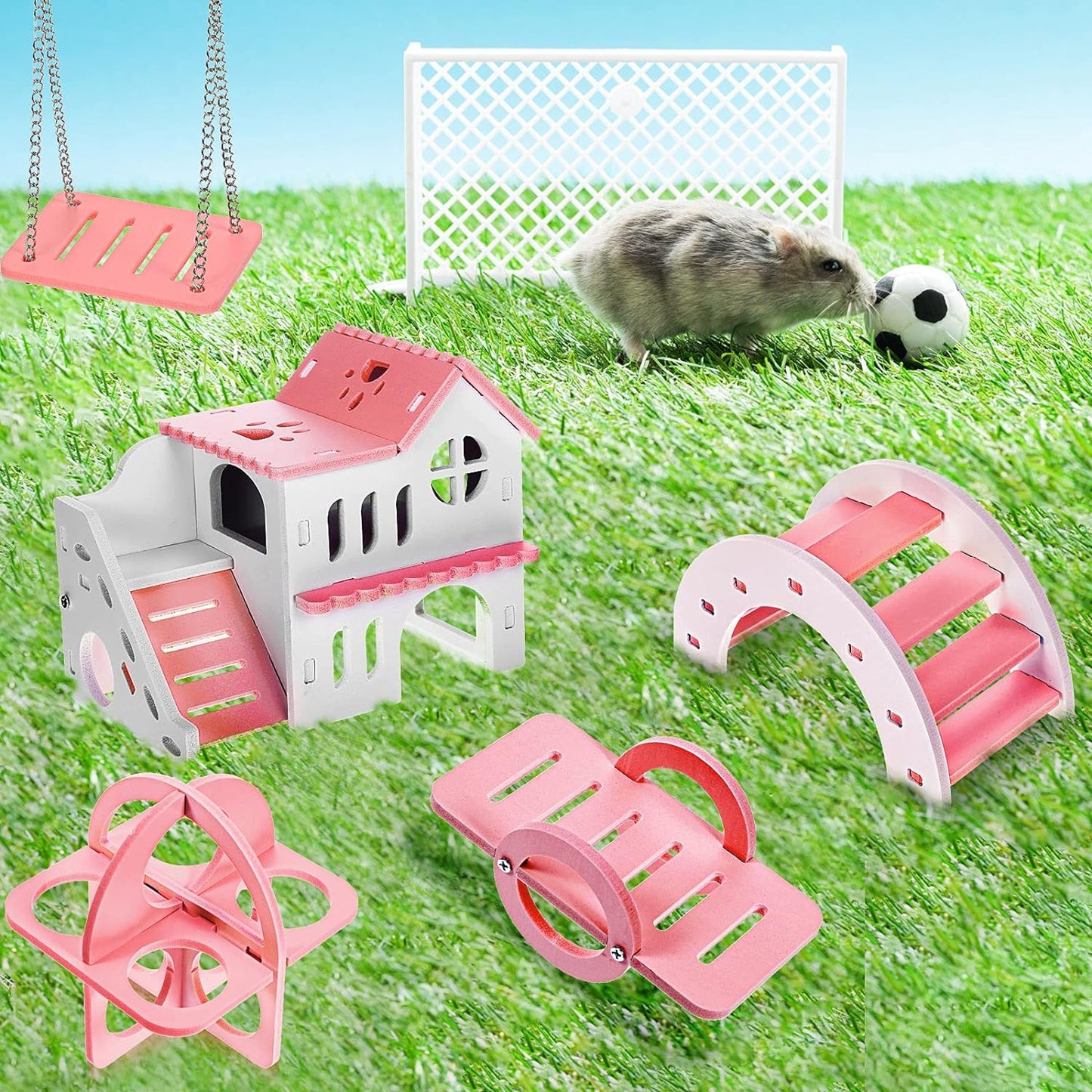 5 Pieces Hamster Toys Include Wooden Hamster House Guinea Pig Hideout Rainbow Bridge Hamster Seesaw Hamster Swing Hamster Exercise Circle Cage Toy for Small Animals (Pink,6.3 X 3.93 X 5.5 Inch)
