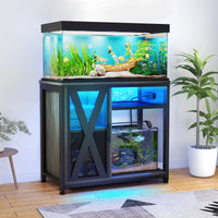Fish Tank Stand Metal Aquarium Stand with Power Outlets & LED Light and Cabinet, for 40-50 Gallon Aquarium Bearable 880LBS Capacity, Gray & Black