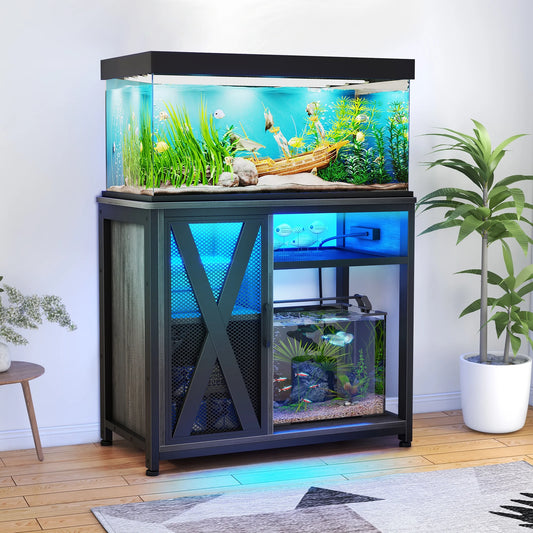 Fish Tank Stand Metal Aquarium Stand with Power Outlets & LED Light and Cabinet, for 40-50 Gallon Aquarium Bearable 880LBS Capacity, Gray & Black