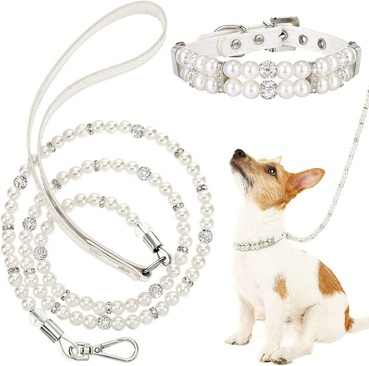 Dogs Set Including Dog Pearl Leash 2 Rows Pearls Pet Necklace PU Leather Pearl Leash