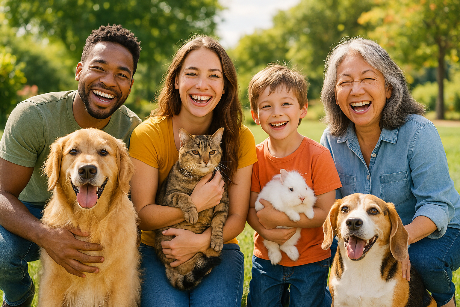 Happy healthy pets with their owners 