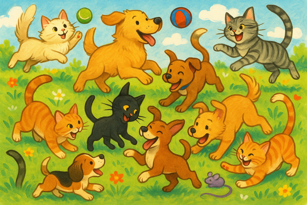 Playful dogs and cats 